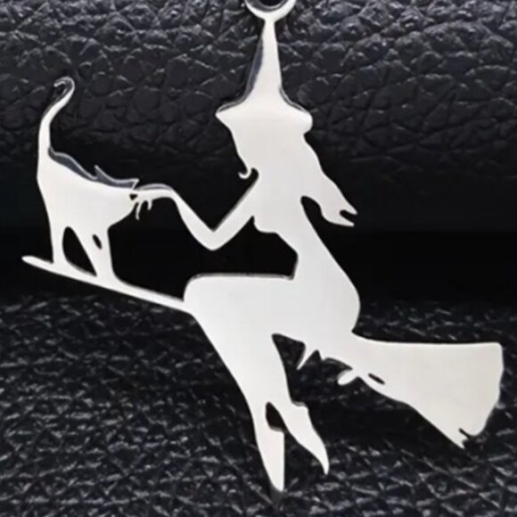 Pure Magic a Witch Riding a Broom with her Cat Necklace - Stainless Steel - Picture 2 of 3